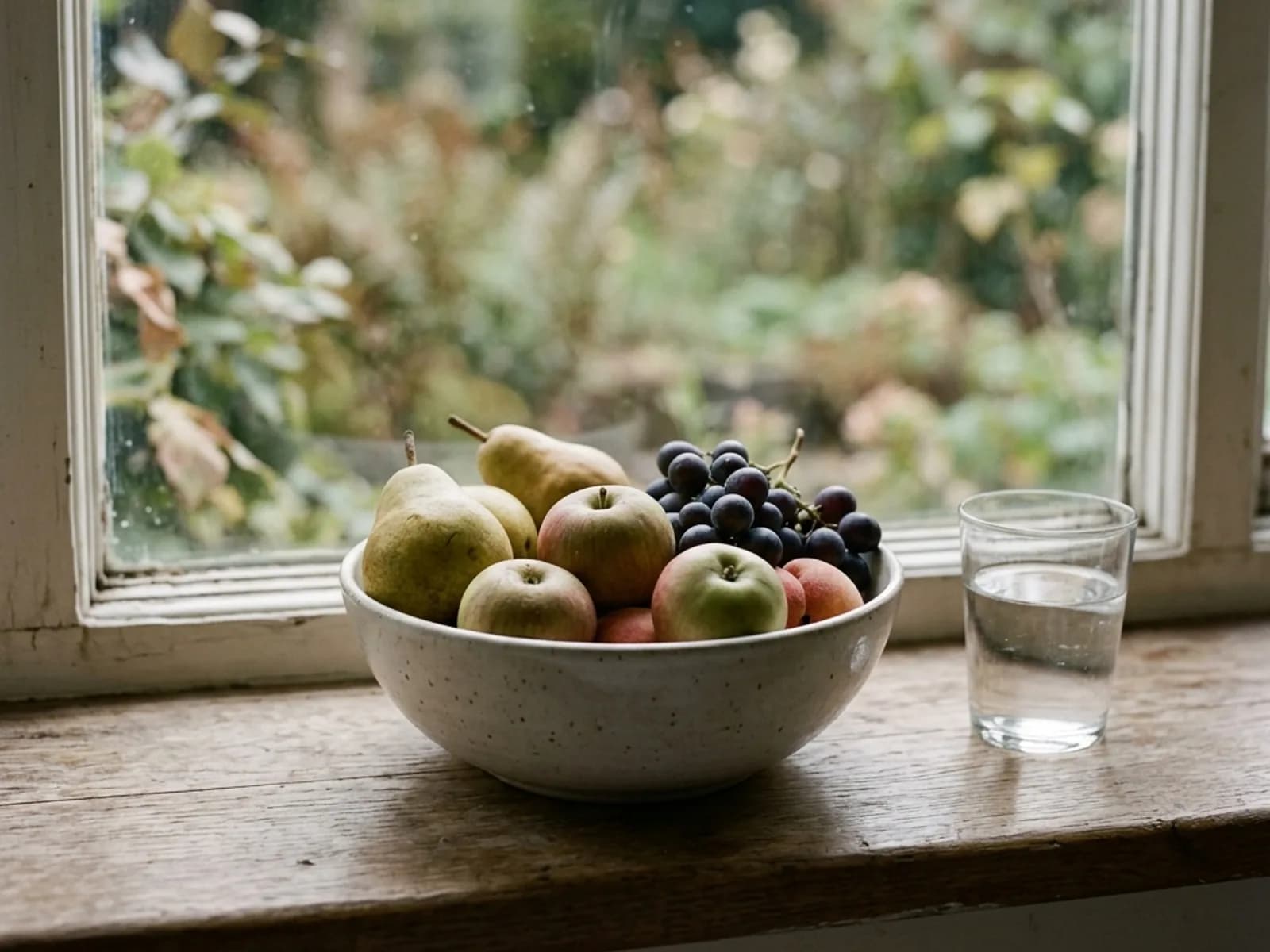 A bowl of colourful fresh fruit on a windowsill with a glass of water in soft daylight.